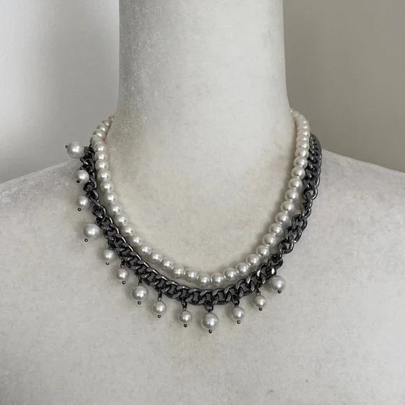 Edgy Pearl and Gunmetal Chain Fringe Sophisticated Bohemian Necklace